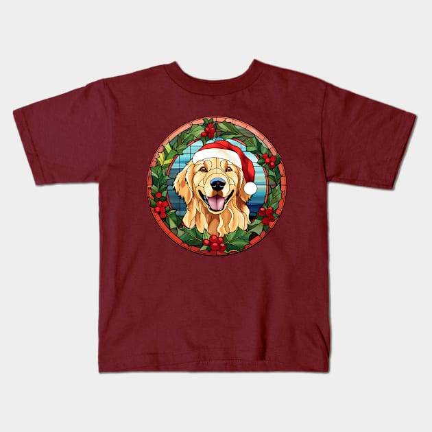 Christmas Dog Stained Glass Golden Retriever Kids T-Shirt by Astramaze